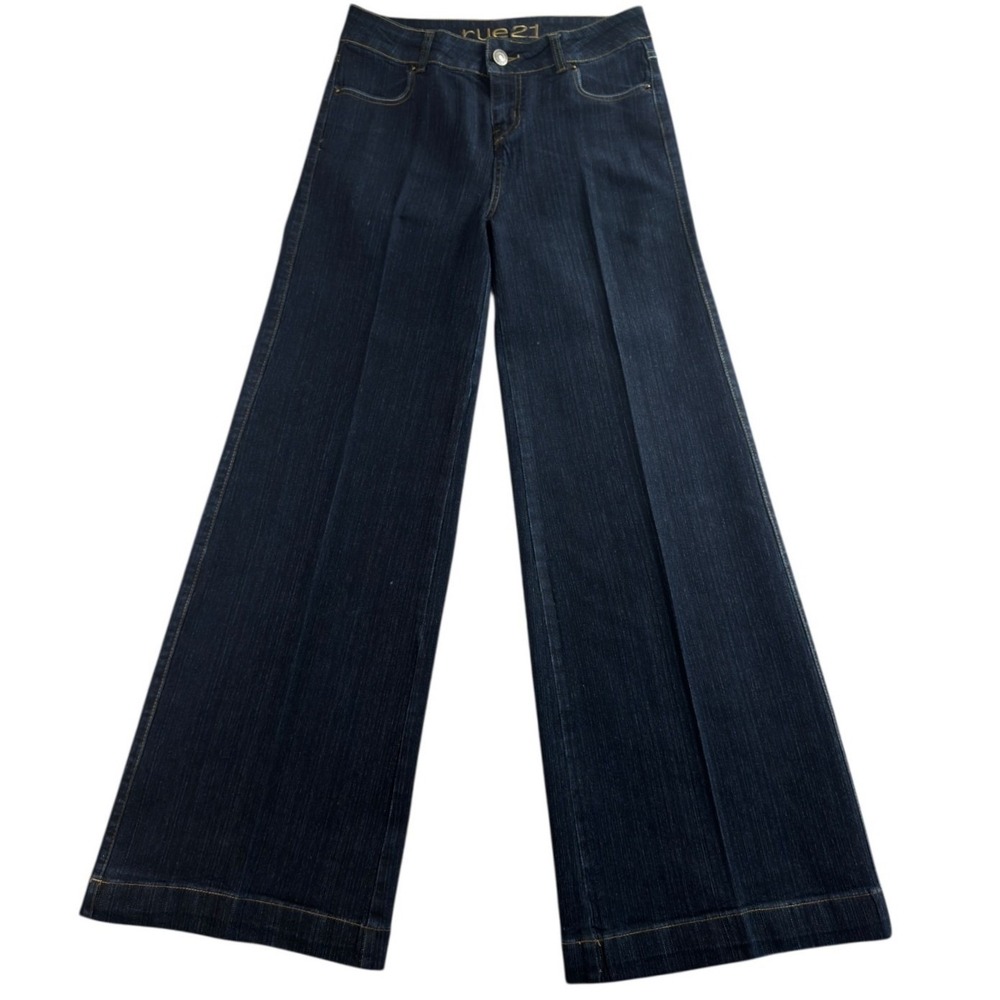 Rue21 Wide Leg Jean Women/Jrs. Flare Dark Wash Gold/White Stitching Y2K Boho 5/6